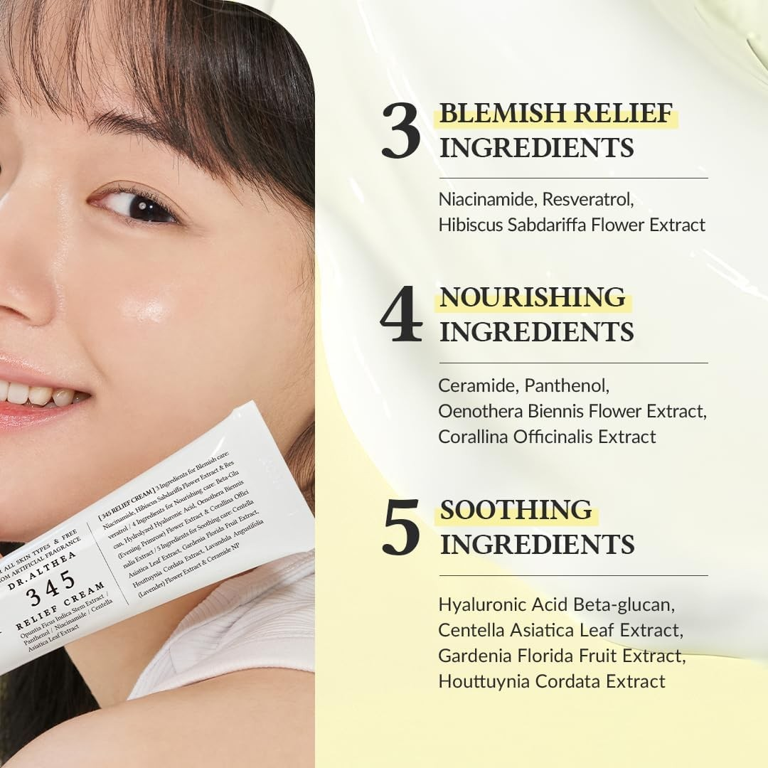 Dr.Althea 345 Relief Cream | Daily Face Moisturizer | Blemish Relief Care | Soothing Recovery & Moisture with Niacinamide, Panthenol | Korean Vegan Skincare for All Skin Types