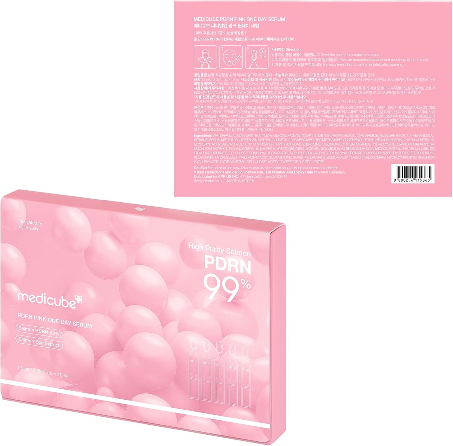 Medicube Salmon DNA PDRN Pink One Day Serum | 99% Salmon DNA PDRN Intensive Ampoule, Collagen, Glutathione, Hyaluronic Acid